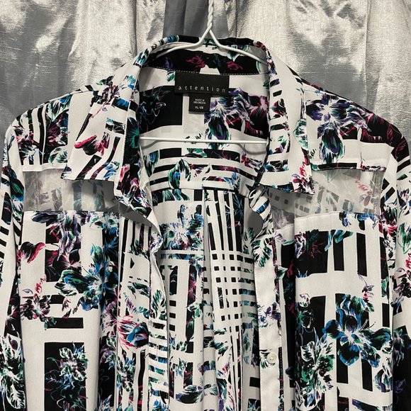 ATTENTION: Funky Multicolor Button-Up Collared Blouse w Sheer Panels Sz XL - Picture 5 of 9